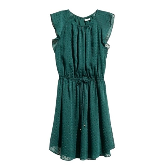H&m Woman's Sheer Textured‎ Emerald Green Spotted Frill Dress Sz 8 - Picture 1 of 9